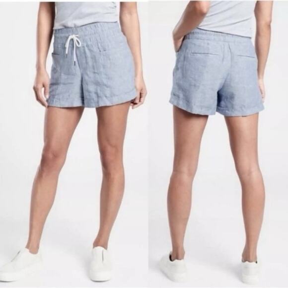 Athleta Womens Size 6 Cabo Linen 4" Shorts Chambray Blue Casual Beach Pockets - Picture 2 of 10